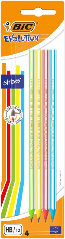 BIC Evolution Stripes Lápices de Grafito  HB - Varios Colores de Cuerpo, Pack de 4