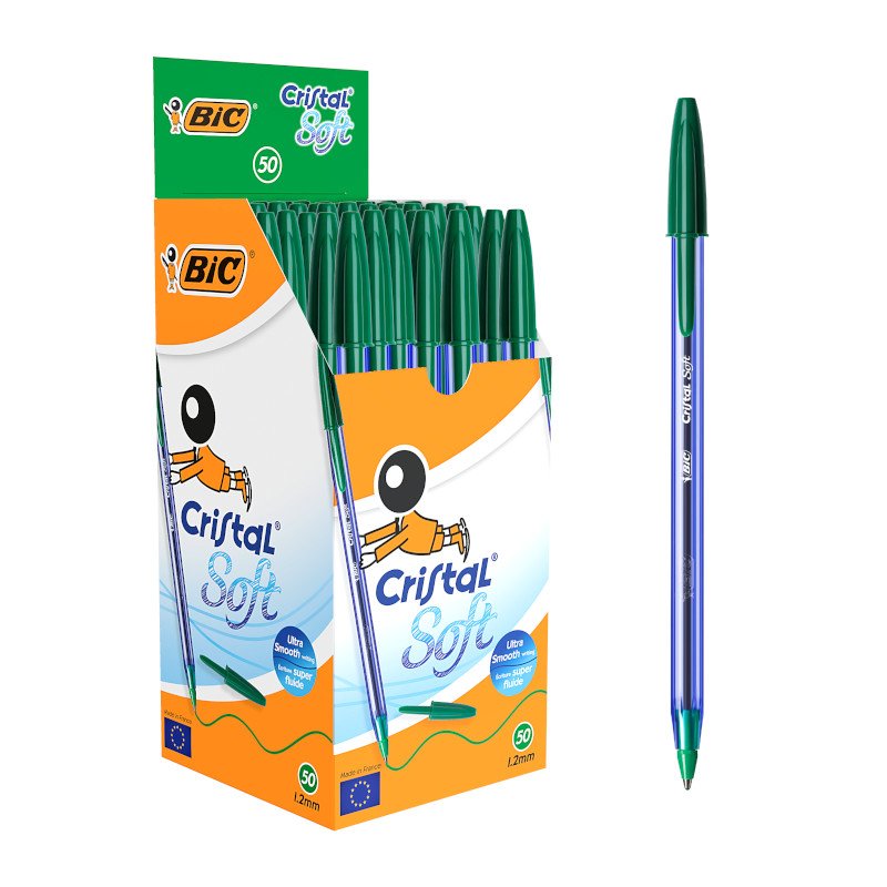 BIC Cristal Soft Bolígrafos de Punta Media (1,2 mm) para una escritura más fluida - Verde, Caja de 50