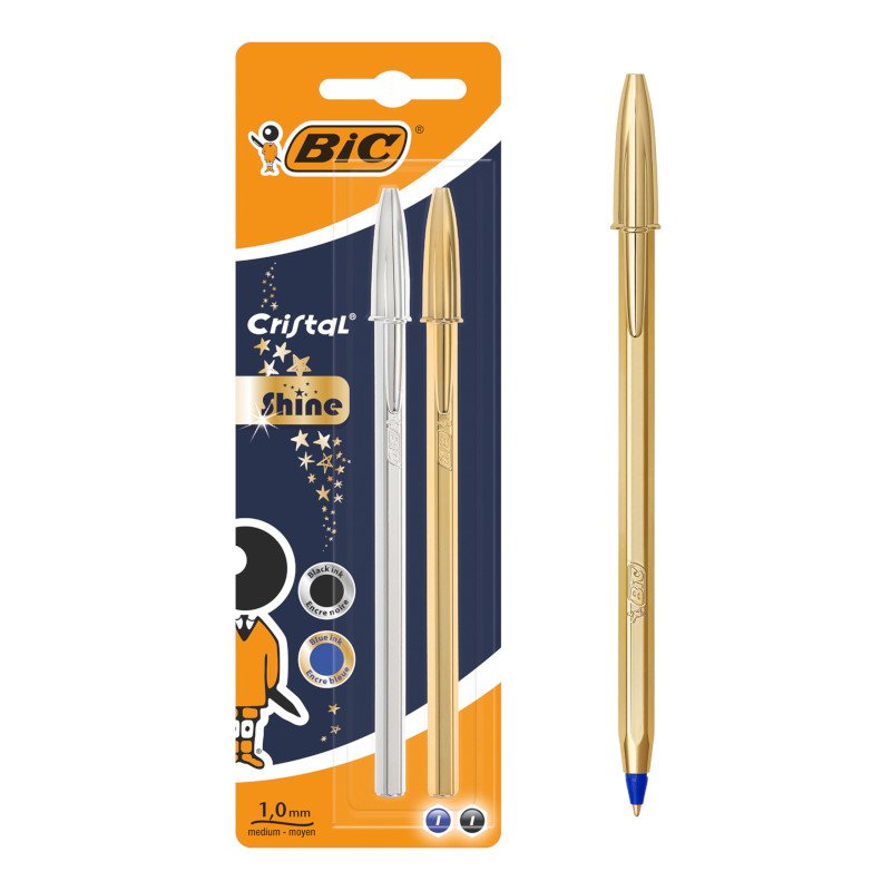 BIC Cristal Shine Bolígrafos Punta Media (1,0 mm) - Cuerpo y Colores Surtidos, Blíster de 2 Unidades