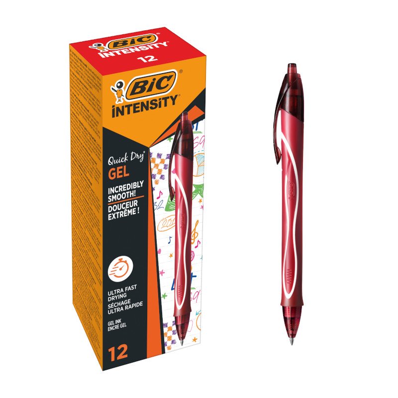 BIC Gel-ocity Quick Dry Bolígrafos Tinta en Gel Punta Media (0,7 mm) - Rojo, Caja de 12 Unidades - Bolígrafo retráctil con tinta de secado ultrarrápido