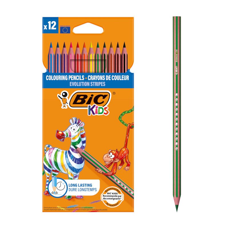 BIC Kids Evolution Stripes Lápices de Colores - Colores Surtidos, Pack de 12