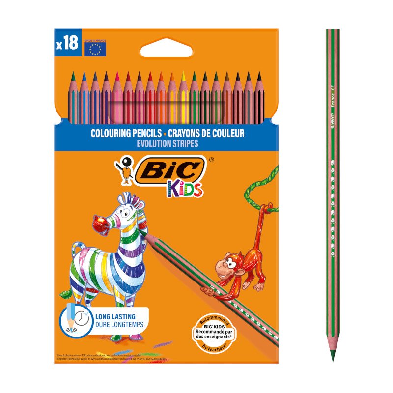 BIC Kids Evolution Stripes Lápices de Colores - Colores Surtidos, Pack de 18
