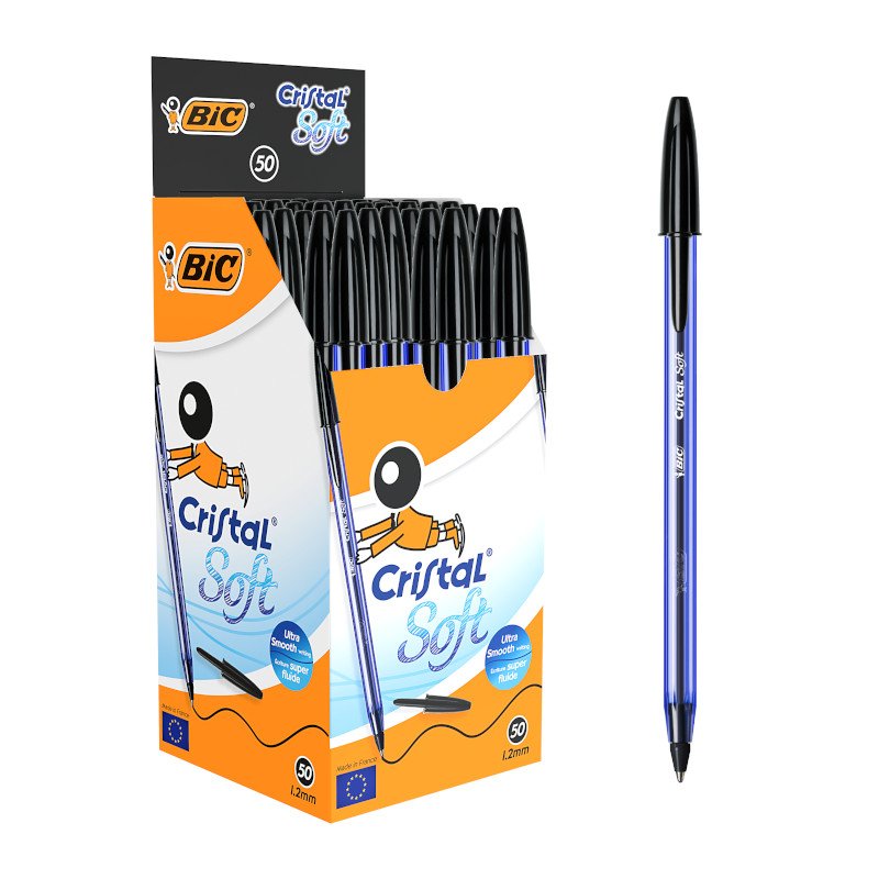 BIC Cristal Soft Bolígrafos de Punta Media (1,2 mm) - Negro, Caja de 50
