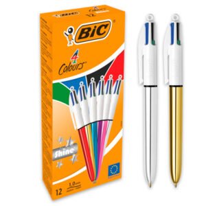 BIC 4 Colores Shine Bolígrafos Punta Media (1,0 mm) - Diseño Metalizado en Colores Surtidos, Caja de 12 Unidades