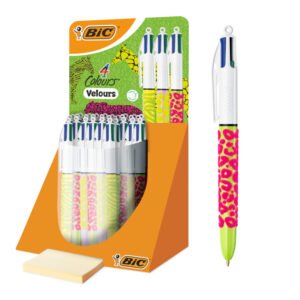 BIC 4 Colores Velours Bolígrafos Retráctiles y Recargables de Punta Media (1,0 mm), Expositor con Bloc de Notas de Muestra - Tubo de 30