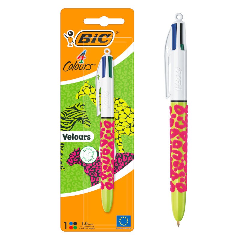 BIC 4 Colores Velours Bolígrafo Retráctil de Punta Media (1,0 mm) - Varios Diseños (seleccionados aleatoriamente), Pack de 1
