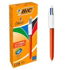 BIC 4 Colores Original Fine Bolígrafos Retráctiles de Punta Fina (0,8 mm) con Tinta Azul, Negra, Roja y Verde - Caja de 12