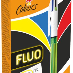 BIC 4 Colores Fluo Bolígrafos Retráctiles con Punta Negra, Azul y Roja de 1,0 mm y Punta Fluorescente Amarilla de 1,6 mm - Caja de 12