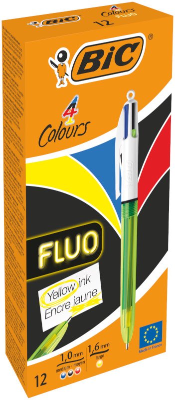 BIC 4 Colores Fluo Bolígrafos Retráctiles con Punta Negra, Azul y Roja de 1,0 mm y Punta Fluorescente Amarilla de 1,6 mm - Caja de 12