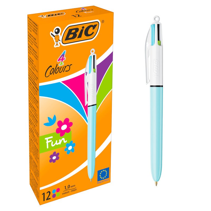 BIC 4 Colores Fun Bolígrafos Retráctiles con Tinta Rosa, Morada, Turquesa y Verde Lima - Cuerpo Azul Cielo, Caja de 12