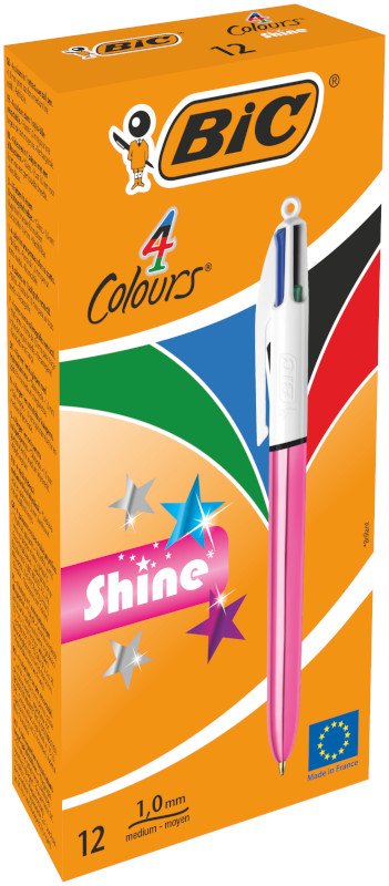 Bolígrafo BIC 4 Colores Rose Metallic Punta Media (1,0 mm) con Tinta Negra, Azul, Roja y Verde Todo en Uno - Caja de 12