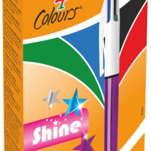 Bolígrafo BIC 4 Colores Shine Purple de Punta Media (1,0 mm) con Tinta Negra, Azul, Roja y Verde Todo en Uno - Caja de 12