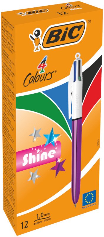 Bolígrafo BIC 4 Colores Shine Purple de Punta Media (1,0 mm) con Tinta Negra, Azul, Roja y Verde Todo en Uno - Caja de 12