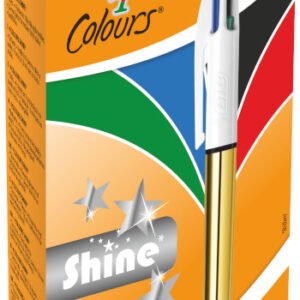 Bolígrafo BIC 4 Colores Shine Gold de Punta Media (1,0 mm) con Tinta Negra, Azul, Roja y Verde Todo en Uno - Caja de 12