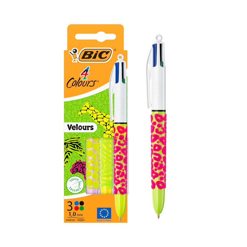 BIC 4 Colores Velours Bolígrafos de Punta Media (1,0 mm) - Varios Diseños, Pack de 3