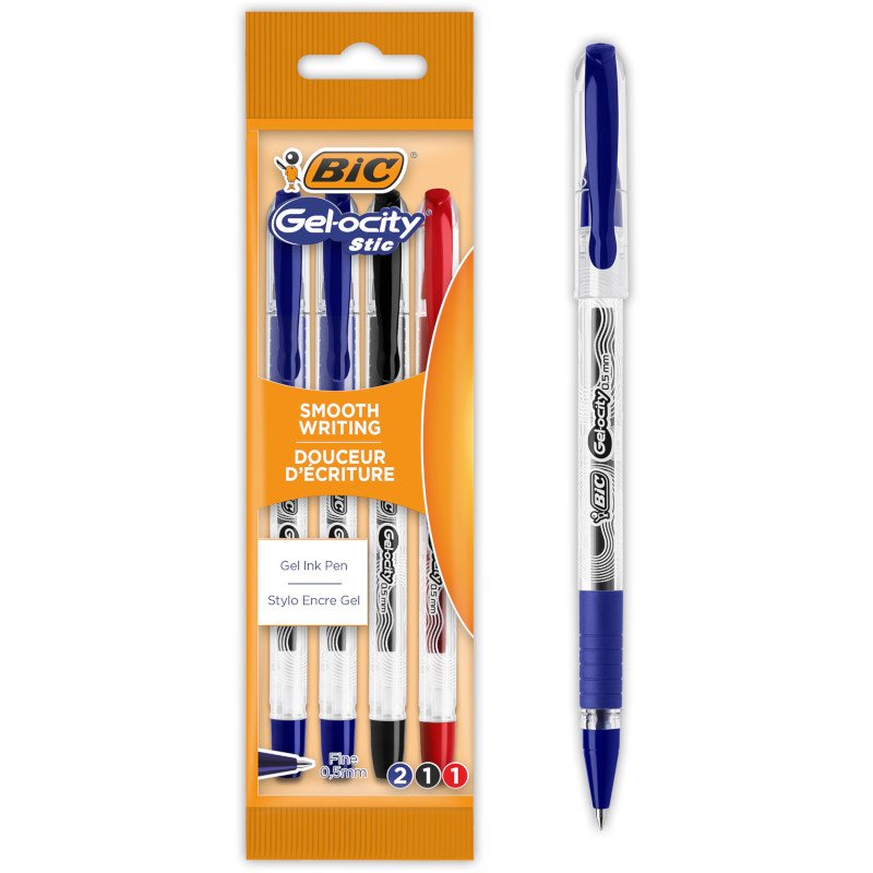 BIC Gel-ocity Stic Bolígrafos de Gel Punta Fina (0,5 mm) - Varios Colores, Pack de 4