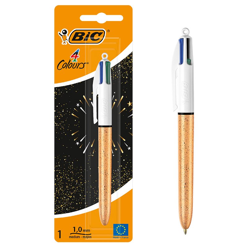 BIC 4 Colores Bolígrafos de Punta Media (1,0 mm) - Cuerpo Texturizado Escarchado Dorado, Blíster de 1 Unidad