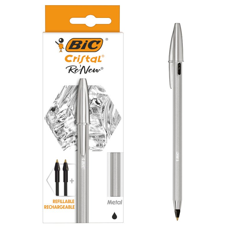 Bolígrafo BIC Cristal Re'New de Punta Media (1,0 mm) con Cuerpo Plateado Mate y recargas de Tinta de Recambio - Negro, Caja de 1+2