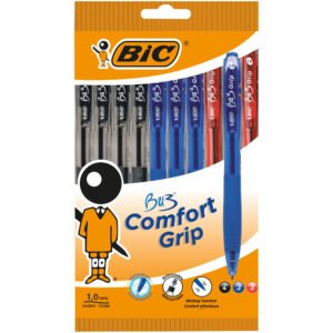 BIC BU3 Grip Bolígrafos con una Punta Media de 1,0 mm - Varios Colores: Azul, Negro y Rojo, Estuche de 10