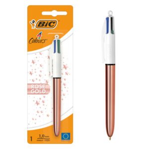 Bolígrafo BIC 4 Colores Rose Gold de Punta Media (1,0 mm) con Tinta Negra, Azul, Roja y Verde Todo en Uno - Pack de 1